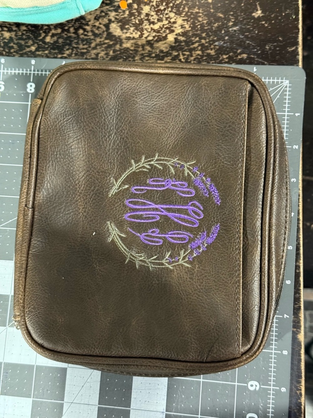 Brown Travel Pouch with Purple Embroidery